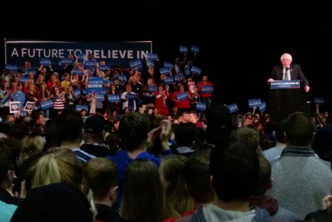 Sanders speaks onstage at the Kansas City Convention Center.