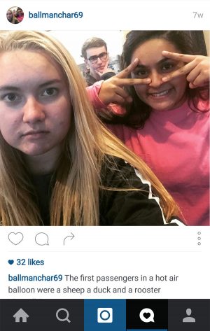 Senior Emily Ball's finsta post from her shared account with Peter Hartman and Surabhi Khachar.