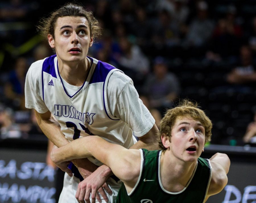 Blue+Valley+Northwest+senior+forward+Parker+Braun+%2823%29+watches+a+free+throw+attempt+during+the+first+half+of+the+Huskies+matchup+with+Derby+at+Charles+Koch+Arena.+The+Huskies+defeated+the+Panthers%2C+82-61.